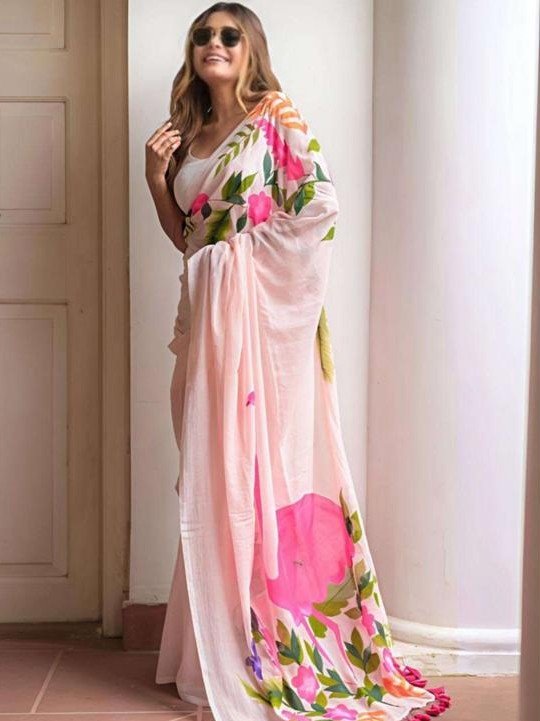baby pink linen cotton saree 